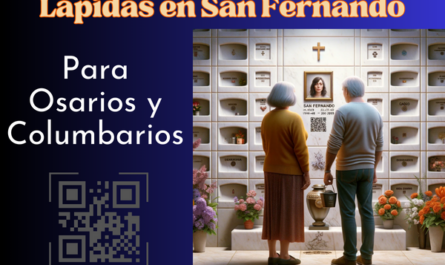 Una imagen cuadrada hiperrealista de una pareja madura, de entre 55 y 60 años, mirando una lápida en una pared de columbarios de un familiar fallecido. La lápida presenta un pequeño código QR y una foto del miembro de la familia. El marido sostiene una urna funeraria con un pequeño código QR. La escena sugiere que se encuentran en el Cementerio de San Fernando de Cádiz, con la decoración y el contexto adecuados. La pareja aparece solemne y reflexiva, de pie frente a la bien mantenida pared de nichos, rodeada de flores y otros homenajes. https://www.lapidas.top/