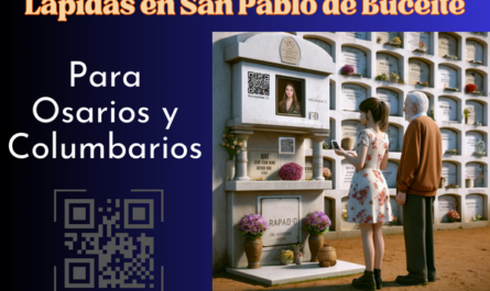 Una imagen cuadrada hiperrealista de una mujer joven que acompaña a su padre anciano mientras miran la lápida de un familiar fallecido. La lápida está colocada en una pared de osarios o columbarios y presenta un pequeño código QR y una foto del miembro de la familia. La joven y su padre van vestidos respetuosamente, y el padre sostiene una urna funeraria que también tiene un pequeño código QR. La escena está ambientada en el cementerio de San Pablo de Buceite en Cádiz, con decoraciones y contexto que indican un ambiente tranquilo y solemne. La pared de nichos está bien mantenida, con flores y otros homenajes alrededor. https://www.lapidas.top/