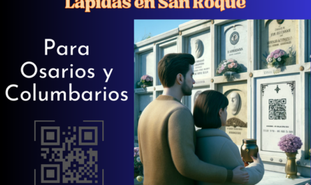 Una imagen cuadrada hiperrealista de una pareja joven, de entre 35 y 40 años, mirando una lápida en un muro de osarios o columbarios, lamentando la muerte de un familiar. La lápida presenta un pequeño código QR y una fotografía del difunto. El marido sostiene una urna funeraria con un pequeño código QR. El entorno está decorado y sugiere que se encuentran en el Cementerio de San Roque de Cádiz. El escenario es respetuoso y sombrío, con una pared bien mantenida y flores alrededor, bajo un cielo despejado. https://www.lapidas.top/