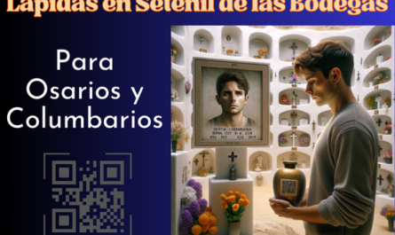 Imagen cuadrada hiperrealista de un joven de entre 25 y 35 años mirando una lápida incrustada en un muro de osarios o columbarios. La lápida presenta un pequeño código QR y una foto de un miembro de la familia. El joven sostiene una urna funeraria con un pequeño código QR. La escena está ambientada en el cementerio de Setenil de las Bodegas, Cádiz, caracterizado por sus singulares estructuras en forma de cueva y edificios encalados. El ambiente es sombrío y respetuoso, con flores y homenajes decorando la zona. https://www.lapidas.top/