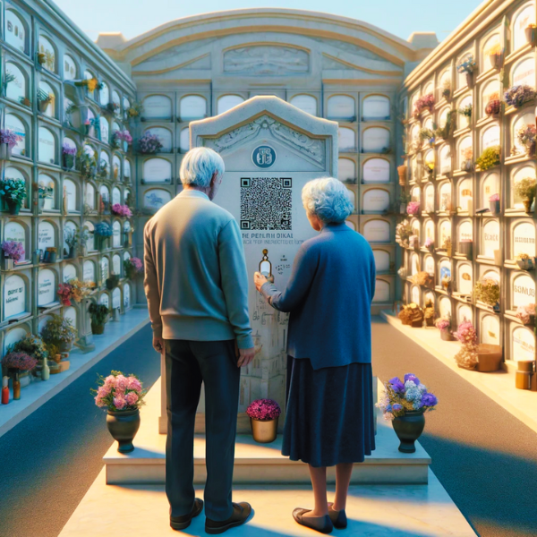 Imagen cuadrada hiperrealista de una pareja madura de entre 55 y 60 años contemplando una lápida en un muro de osarios o columbarios. La lápida presenta un pequeño código QR y una foto de un miembro de la familia. La pareja se muestra solemne y respetuosa, y uno de ellos sostiene una urna funeraria que también tiene un pequeño código QR. El entorno sugiere que están en el cementerio de Tarifa, Cádiz, con su decoración distintiva y su ambiente sereno. El muro de columbarios está bien mantenido, adornado con flores y homenajes, bajo un cielo azul claro. https://www.lapidas.top/