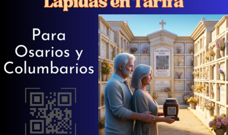 Imagen cuadrada hiperrealista de una pareja madura de entre 55 y 60 años contemplando una lápida en un muro de osarios o columbarios. La lápida presenta un pequeño código QR y una foto de un miembro de la familia. La pareja se muestra solemne y respetuosa, y uno de ellos sostiene una urna funeraria que también tiene un pequeño código QR. El entorno sugiere que están en el cementerio de Tarifa, Cádiz, con su decoración distintiva y su ambiente sereno. El muro de columbarios está bien mantenido, adornado con flores y homenajes, bajo un cielo azul claro. https://www.lapidas.top/