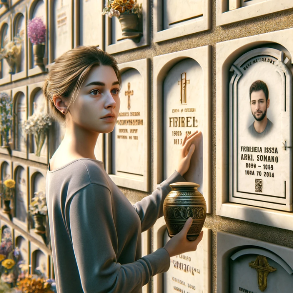 Imagen cuadrada hiperrealista de una mujer joven, de entre 25 y 35 años, mirando una lápida en un muro de columbarios del cementerio de Torre - Alhaquime de Cádiz. La lápida tiene un pequeño código QR y una foto de un familiar fallecido. La joven sostiene en sus manos una urna funeraria con un pequeño código QR. El escenario es solemne y respetuoso, con hornacinas bien mantenidas y un ambiente apacible. El fondo presenta elementos propios de un cementerio, con flores y homenajes alrededor. https://www.lapidas.top/