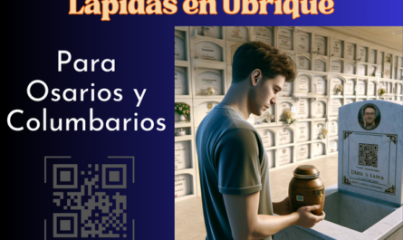 Una imagen cuadrada hiperrealista de un joven de entre 25 y 35 años mirando la lápida de un familiar fallecido. La lápida está colocada en una pared de osarios o columbarios, y presenta un pequeño código QR y una foto del miembro de la familia. El joven sostiene una urna funeraria con un pequeño código QR. El escenario es el cementerio de Ubrique, Cádiz, con hornacinas bien mantenidas y un ambiente de respeto. El joven parece sombrío y reflexivo mientras presenta sus respetos. https://www.lapidas.top/