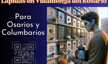 Una imagen cuadrada hiperrealista de un joven de entre 25 y 35 años mirando una lápida en una pared de osarios o columbarios. La lápida tiene un pequeño código QR y una foto de un familiar. El joven sostiene una urna funeraria con un pequeño código QR. El escenario recuerda al cementerio de Villaluenga del Rosario de Cádiz. El ambiente es respetuoso y sombrío, con un entorno bien cuidado, flores y homenajes. https://www.lapidas.top/