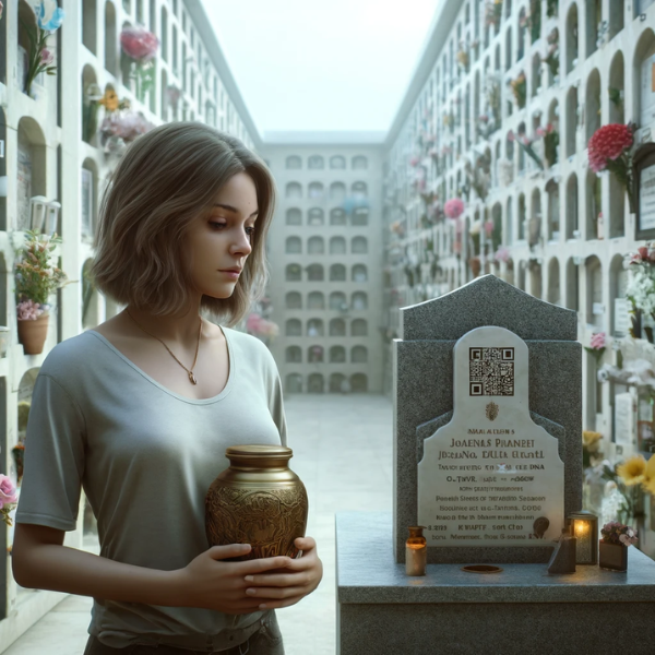 Imagen cuadrada hiperrealista de una mujer joven, de entre 25 y 35 años, parada frente a una lápida conmemorativa empotrada en un muro de osarios o columbarios. La lápida tiene un pequeño código QR y una foto de un familiar fallecido. La joven mira solemnemente la lápida. En sus manos sostiene una urna funeraria que también tiene un pequeño código QR. La escena sugiere que se encuentran en el cementerio de Villamartín, Cádiz. El entorno es tranquilo y respetuoso, con nichos bien cuidados y flores alrededor.
https://www.lapidas.top/