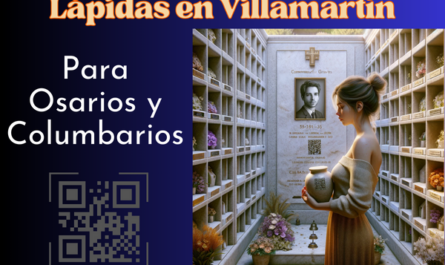 Imagen cuadrada hiperrealista de una mujer joven, de entre 25 y 35 años, parada frente a una lápida conmemorativa empotrada en un muro de osarios o columbarios. La lápida tiene un pequeño código QR y una foto de un familiar fallecido. La joven mira solemnemente la lápida. En sus manos sostiene una urna funeraria que también tiene un pequeño código QR. La escena sugiere que se encuentran en el cementerio de Villamartín, Cádiz. El entorno es tranquilo y respetuoso, con nichos bien cuidados y flores alrededor. https://www.lapidas.top/