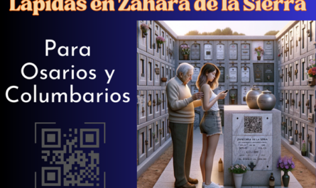 Una imagen cuadrada hiperrealista de una mujer joven que acompaña a su padre anciano mientras miran la lápida de un familiar fallecido. La lápida está colocada en una pared de osarios o columbarios y presenta un pequeño código QR y una foto del miembro de la familia. La joven sostiene una urna funeraria con un pequeño código QR. El escenario se sitúa en el cementerio de Zahara de la Sierra, Cádiz. El ambiente es sombrío y respetuoso, con paredes bien mantenidas, flores y un ambiente sereno. https://www.lapidas.top/