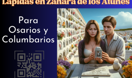 Una imagen cuadrada hiperrealista de un matrimonio joven de entre 35 y 40 años, contemplando una lápida en una pared de osarios o columbarios. La lápida tiene un pequeño código QR y una foto de un familiar. Uno de ellos sostiene una urna funeraria con un pequeño código QR. La escena sugiere que se encuentran en el cementerio de Zahara de los Atunes, Cádiz. La pareja luce solemne y respetuosa, con el muro de nichos bien mantenido, rodeado de flores y homenajes, bajo un cielo azul claro con algunas nubes. https://www.lapidas.top/